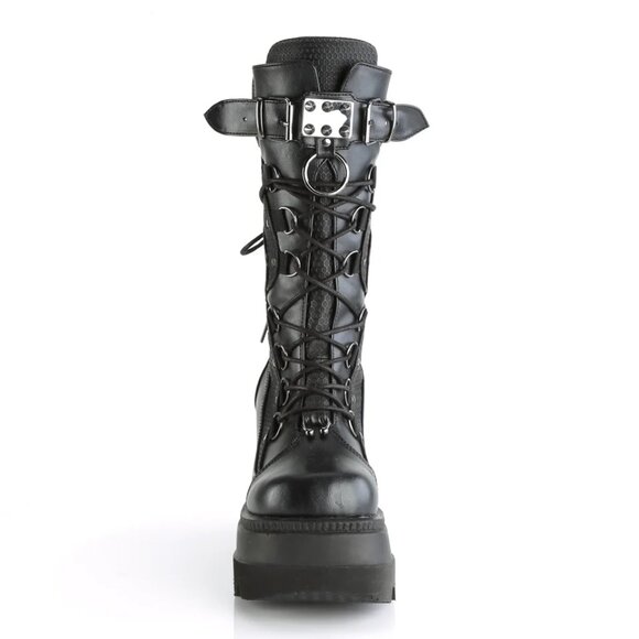 Demonia Shaker-70 Black Vegan Leather Mid-Calf Boots 9 - Picture 14 of 16